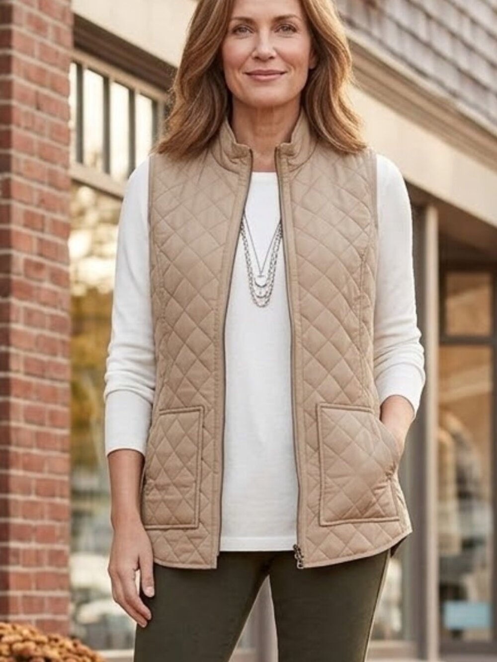 J.Jill Heritage Tan Beige Quilted Mock neck Full Zip Vest Women's Size XL Tall